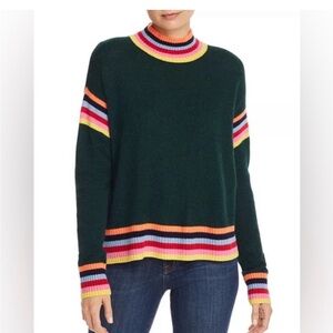 Aqua Cashmere Dark Green Striped Trim Sweater